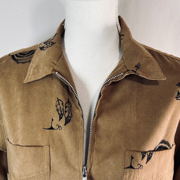 Chicos Southwestern Kokopelli Graphic Zip Up Shirt Jacket Tan Faux Suede size 0 - Picture 2 of 11